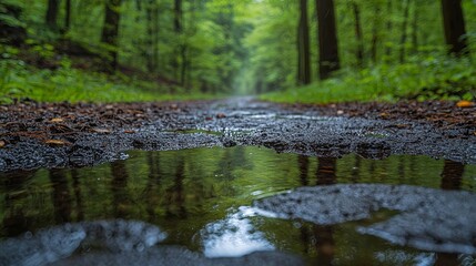 Fototapeta premium Serene Country Road During Gentle Rainstorm with Puddles and Dripping Leaves