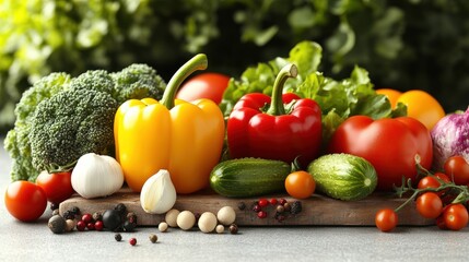 Fresh Colorful Vegetables on Wooden Cutting Board with Herbs