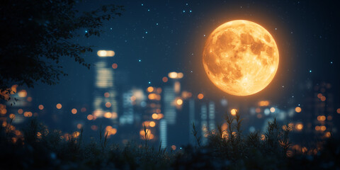 Naklejka premium Radiant full moon illuminating a city skyline during the spring equinox night