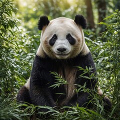 Obraz premium A cute panda bear sitting and looking directly at the camera with a curious expression, surrounded by lush green leaves and soft natural light filtering through the foliage. The background is vibrant 