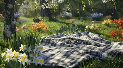 Springtime Picnic in a Flower Garden with Blanket, Blossoms and Sunshine