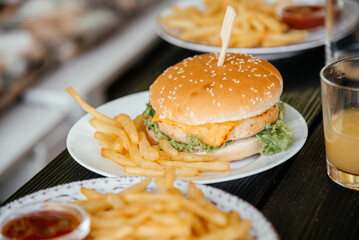 Close up of delicious cheese burger on plate with french fries. 