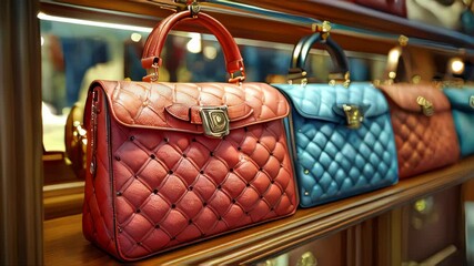 A row of elegant designer handbags displayed in a luxurious boutique setting, illuminated by warm lighting