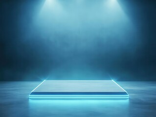 A modern, illuminated platform in a foggy environment, perfect for showcasing products or presentations with a futuristic touch. podium concept of digital tech blue light background.