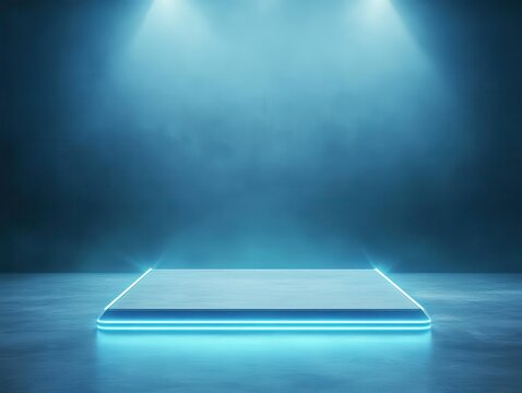 A modern, illuminated platform in a foggy environment, perfect for showcasing products or presentations with a futuristic touch. podium concept of digital tech blue light background.