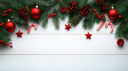 Festive Christmas Background with Ornaments and Pine Cones Decor