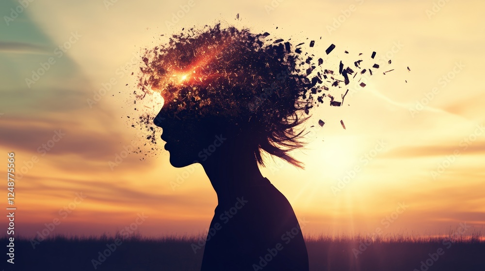 Aufkleber Silhouette of a woman with her head exploding into small pieces at sunset. Representing mental health issues such as stress. Burnout. And information overload. Creating a dramatic and evocative image