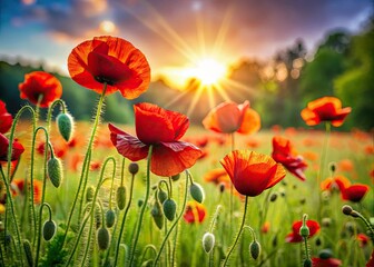 Fototapeta premium A vibrant red poppy meadow explodes with springtime blooms, a photographer's dream.