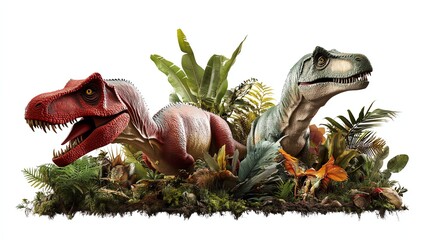 a dinosaurthemed amusement park, lifesized animatronic dinosaurs, jungle setting, adventurefilled atmosphere, ultrarealistic, isolated on white background