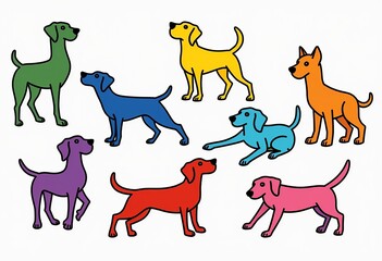 Vibrant Dog Line Art: Simple Black Line Drawings with Bold Green, Yellow, Blue, Purple, Orange, Red, and Pink Color Accents on White.


