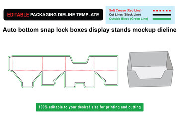 Auto Bottom Snap Lock Boxes Display Stands Mockup Dieline Template, snap lock box dieline, auto bottom box mockup, Custom box dieline, packaging dieline