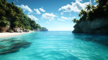 Fototapeta premium a hidden cove beach, crystalclear turquoise water, tropical jungle backdrop, photorealistic paradise, isolated on white background