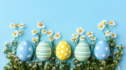 Colorful Easter Eggs Surrounded by Fresh Daisies on Blue Background
