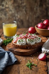 Toast topped with creamy cheese, sliced radishes, and fresh herbs, accompanied by juice and crabapples.