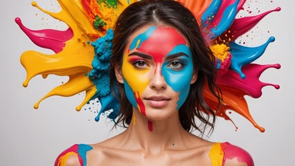 Obraz premium Woman with vibrant paint splashes on face and background, showcasing creativity