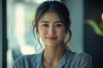 Obraz premium professional asian woman in business casual attire, genuine warm smile, natural makeup, contemporary office setting with soft window lighting