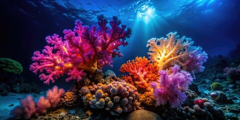 Captivating low-light ocean photography showcases vibrant coral reefs, bioluminescent seas, and diverse marine life at night.