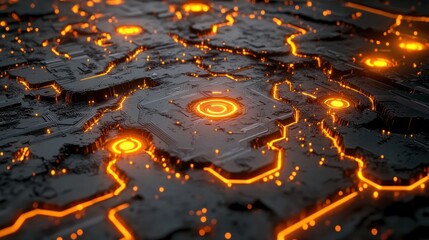 Glowing orange circuits on dark metallic surface.