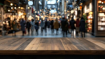 Wooden Table in Busy Indoor Market with Blurred People and Lights