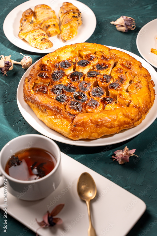 Sticker Traditional homemade banana caramel pie. French Tarte Tatin on a white plate with a cup of tea on a green, emerald background. Top view. Close-up.