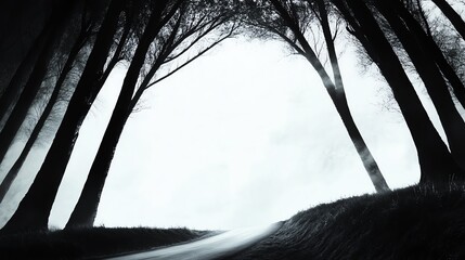Obraz premium a road through a dense forest, tall trees arching over the path, mysterious and serene, moody lighting, isolated on white background