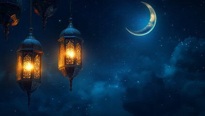 Night sky, lanterns, crescent moon, stars, Ramadan