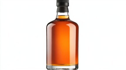 Classic amber whiskey bottle with black cap and clear glass base