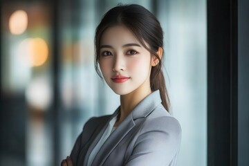 Naklejka premium professional headshot of an elegant asian female executive in a modern glass office, wearing a tailored blazer, radiating confidence and leadership