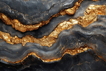 close-up of mineral texture, in which black and gray layers of stone are intertwined with bright gold veins.  