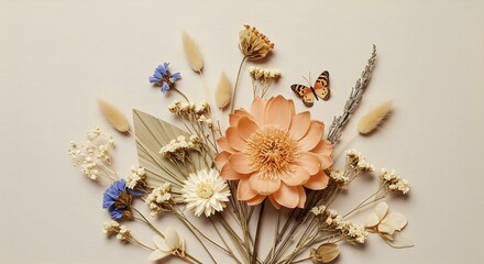 Un arreglo plano con flores secas en varios tonos de beige y colores apagados, incluida una flor grande de color melocotón y flores más pequeñas de color blanco y azul