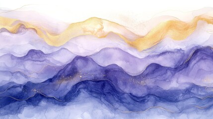 Abstract watercolor landscape painting in hues of purple and gold
