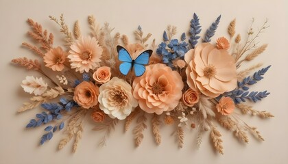 Obraz premium Un arreglo plano con flores secas en varios tonos de beige y colores apagados, incluida una flor grande de color melocotón y flores más pequeñas de color blanco y azul