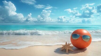 Obraz premium Orange ball with sunglasses on sandy beach, ocean background.