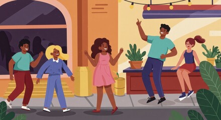 Vibrant Street Scene Illustration with Diverse Group of Friends Enjoying Leisure Time Outdoors