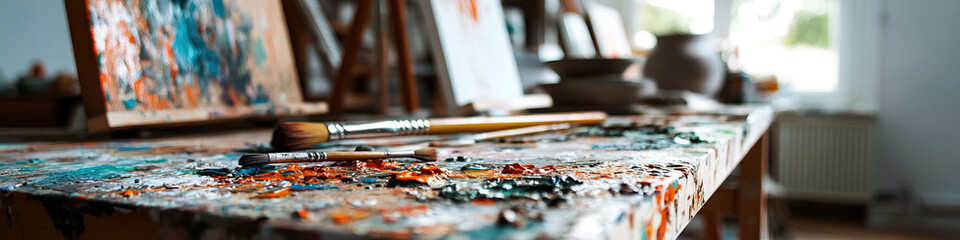 Naklejka premium Artist's Table with Paintbrushes and Partially Visible Canvases