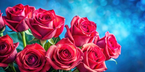 Obraz premium Close-up of velvety Valentine's roses, a romantic blue backdrop enhances their rich color.