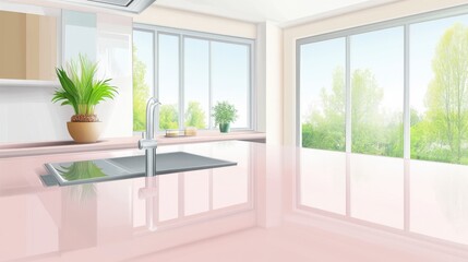 Stunning Pink Kitchen with Large Windows and Natural Light