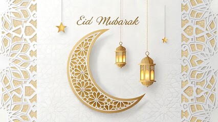 "Elegant Eid Mubarak Crescent Moon and Lanterns"