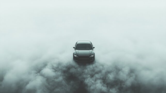 Dark car driving through fog, cloudscape background, automotive ad