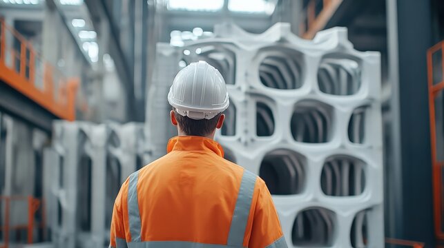 A worker overseeing the 3D printing of an entire building, revolutionary construction technology - Powered by Adobe
