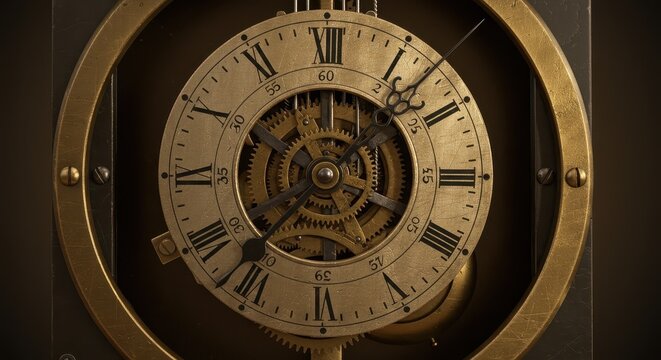 Antique Clock with Visible Gears and Roman Numerals - Detailed Close-up Photograph Perfect for Timepieces and Vintage Decor Projects