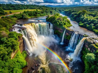 Fototapeta premium Congo's Inkisi River: Zongo Waterfall's rainbow arcs brilliantly in this breathtaking aerial panorama.