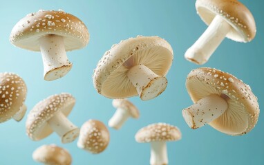 A group of mixed gourmet mushrooms tumbling mid-air with realistic texture soft pastel blue background