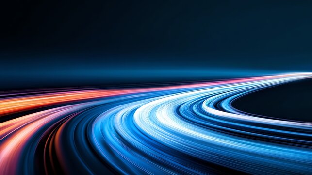 Abstract futuristic curved road in a digital cyber city, glowing grid structures, scifi highspeed travel, neon aesthetic