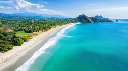 Aerial view of a crescentshaped beach with lush jungle backdrop, hidden paradise, crystalclear ocean, vibrant tropical beauty, travel inspiration