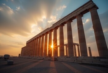 Obraz premium Ancient Greek temple at sunset with dramatic clouds and golden sunlight creating a majestic and awe-inspiring scene