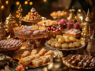 Assortment of Golden Plated Pastries and Cakes on a Table
