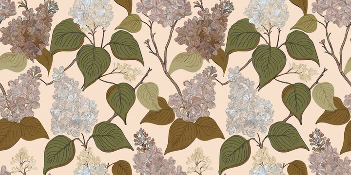 Repeating pattern of lilac flowers and green leaves on a light beige background.