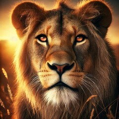 Naklejka premium A close-up of a majestic lioness in a natural savannah. 