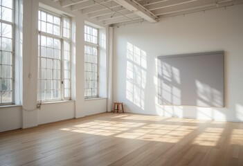 Brightly lit empty studio room with large windows casting shadows on the wooden floor and white walls creating a minimalist aesthetic